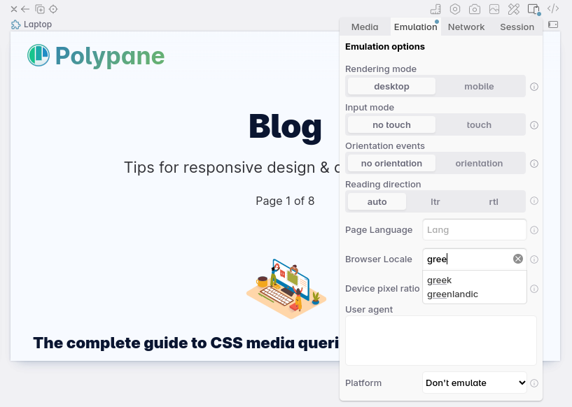 The emulations popup with a focused locale input. 'Gree' is typed into it and 'greek' and 'greenlandic' are provided as suggestions.