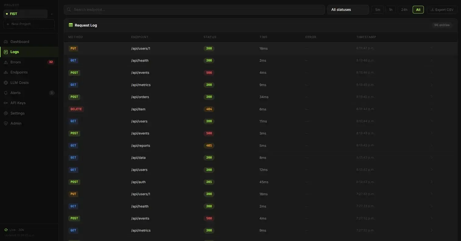Pingoni Logs view showing recent requests with various status codes