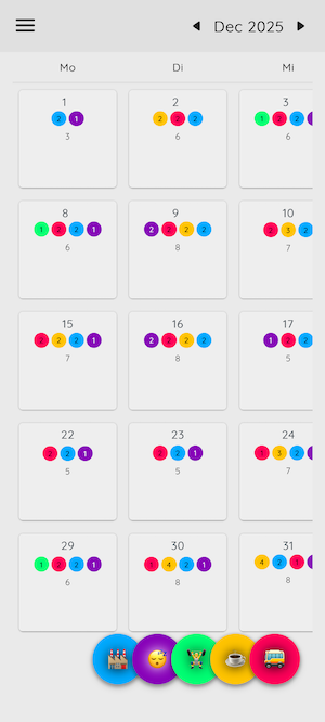 A Screenshot of Tend. It shows the monthly overview for December 2025. It’s a grid-like calendar view with each day showing colorful dots that indicate tracked events. The bottom shows a list of buttons belonging to the events.