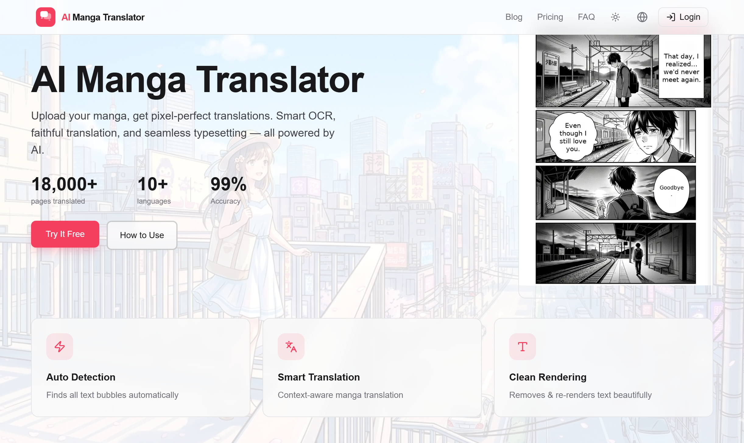 ![AI Manga Translator landing page featuring auto detection, smart translation
