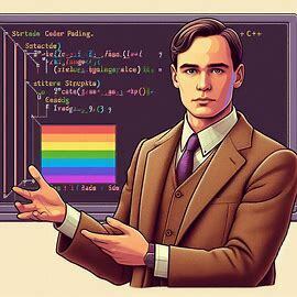 Alan Turing the computer scientist explaining the concept of structure padding in c++ pride month color palette rainbow color