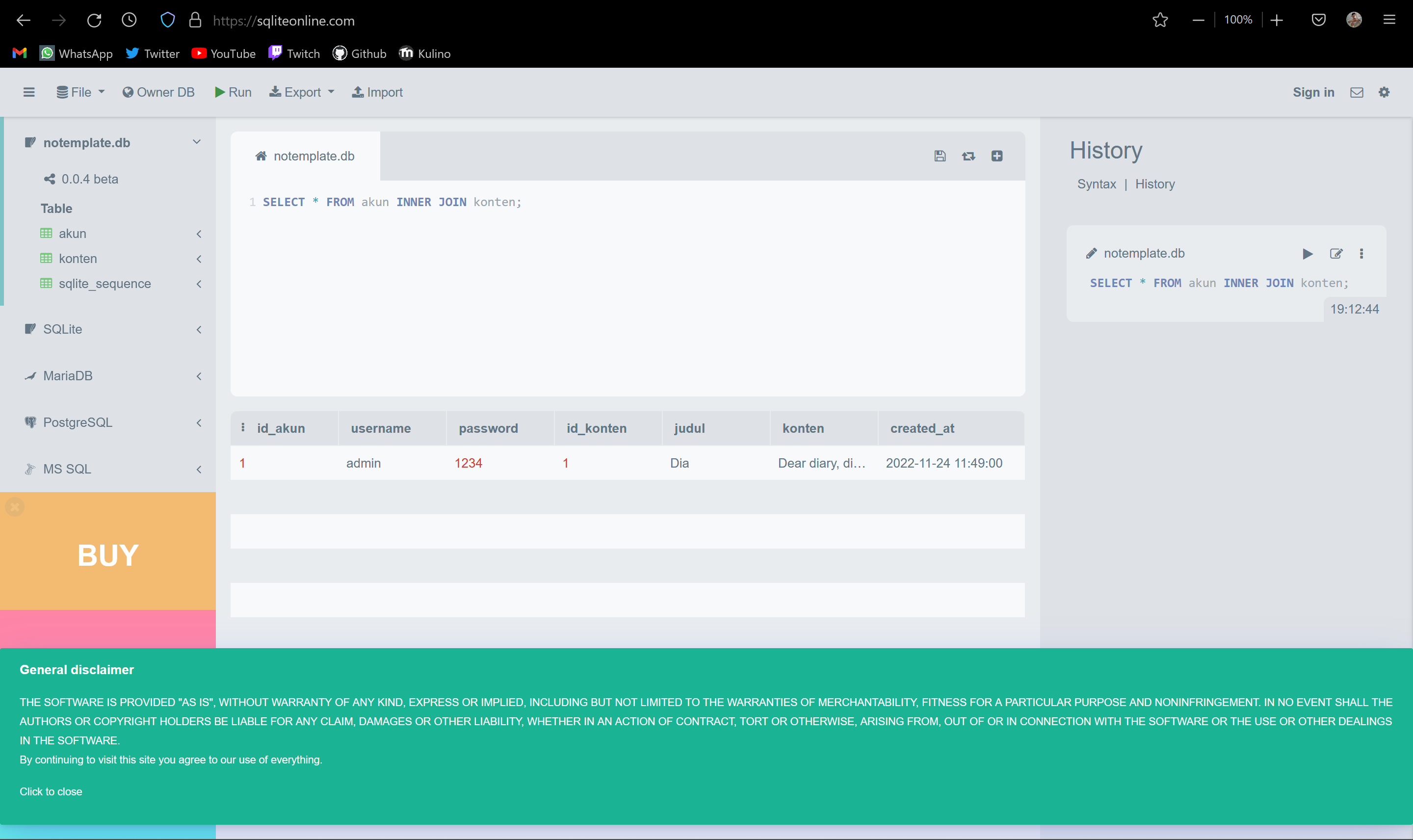 Check on sqliteonline