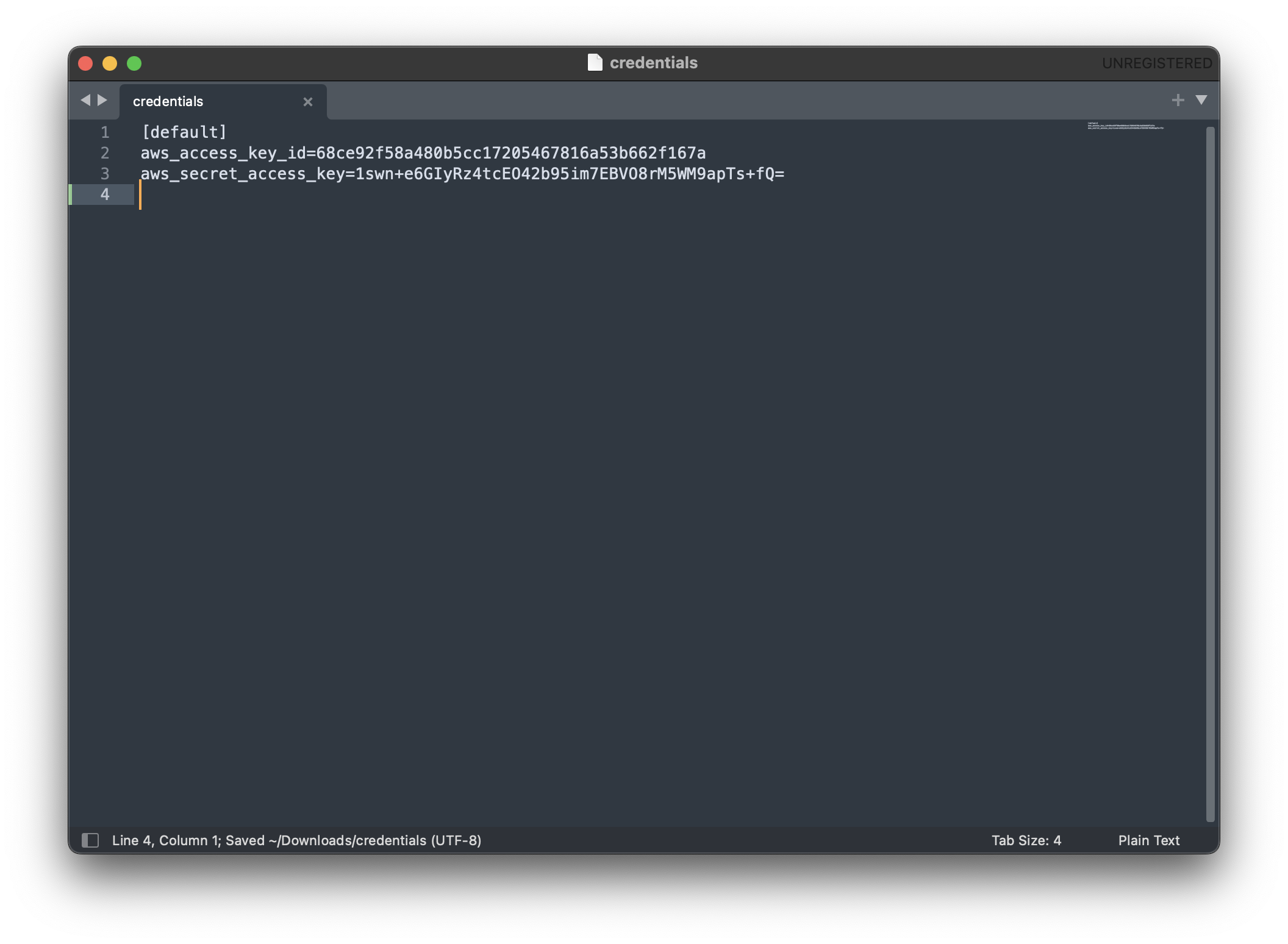 Screenshot: aws credentials file