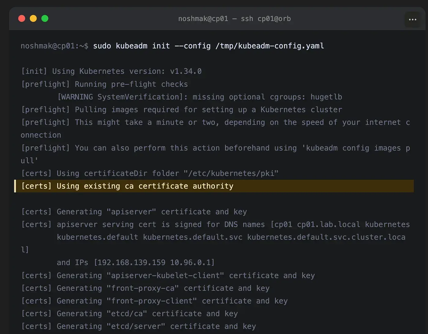 kubeadm init completing successfully with the Vault-managed CA.
