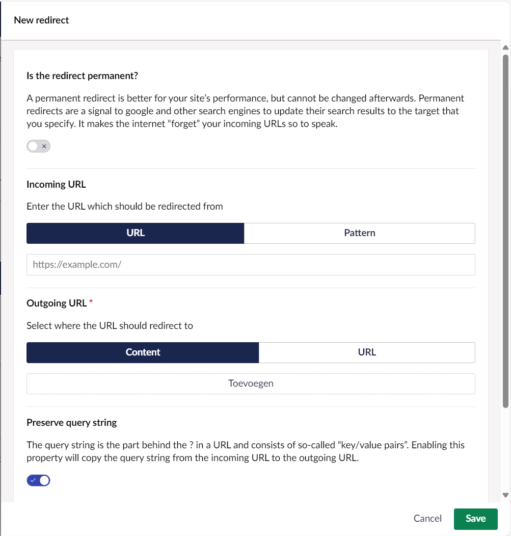 A screenshot of the new Redirect management experience