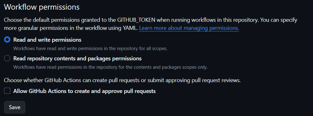 Configuración de escritura para workflows en las GH Actions