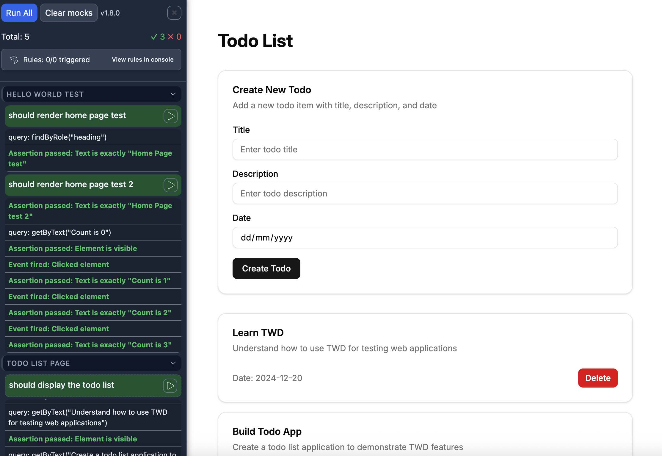 TWD sidebar running tests against a React Router page