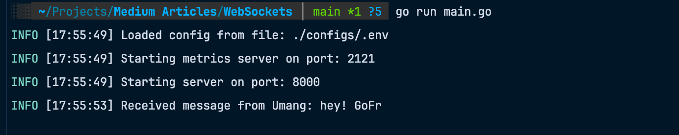 Terminal logs showing successful message receival
