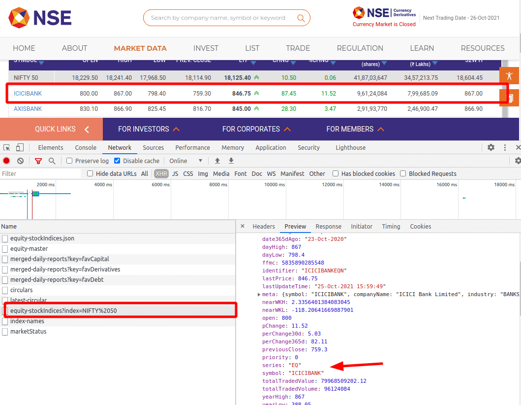 NSE screenshot with DevTools open