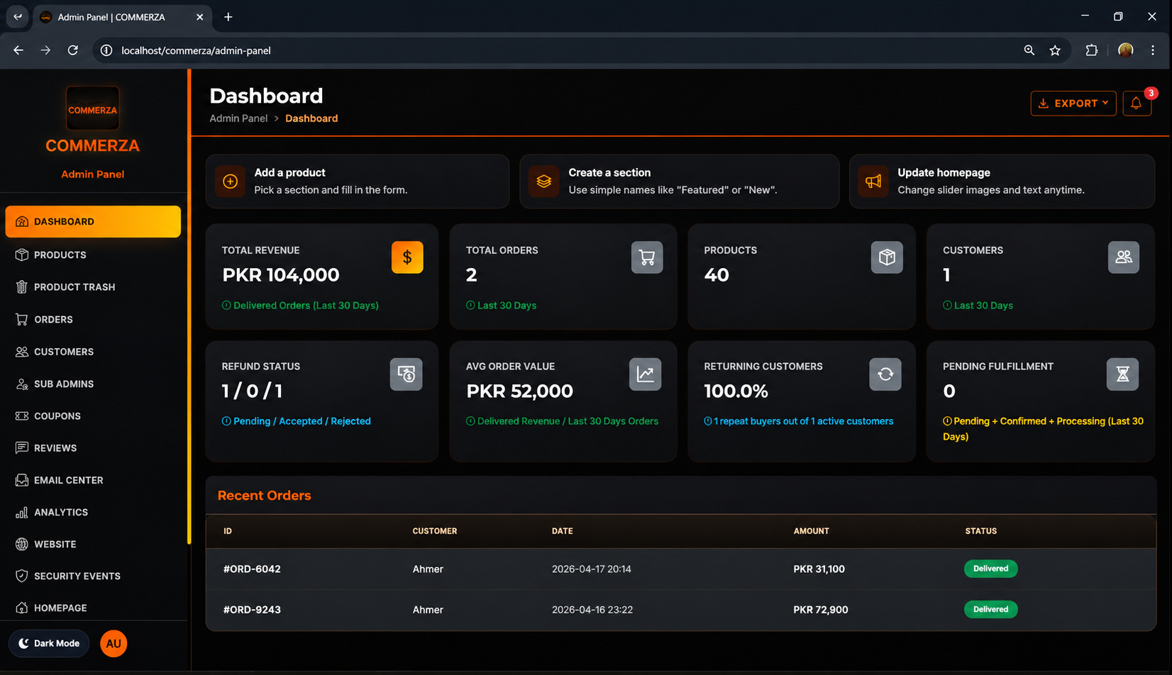 Commerza central admin dashboard UI displaying real-time e-commerce key performance indicators, total revenue, order metrics, customer counts, and a recent orders log table.