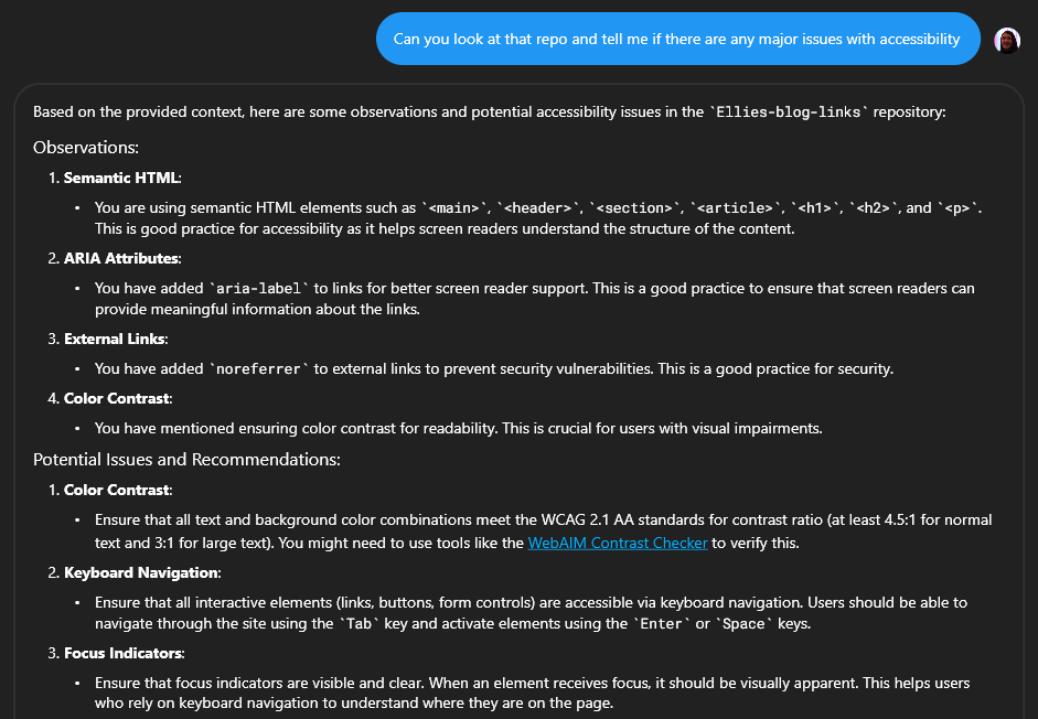 Screenshot of accessibility recommendations from Pieces desktop app