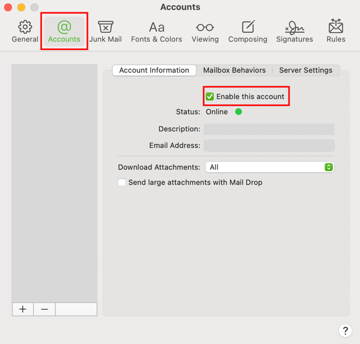 On macOS Apple Mail, navigate to accounts and make sure "enable this account" checkbox is selected for all email addresses.