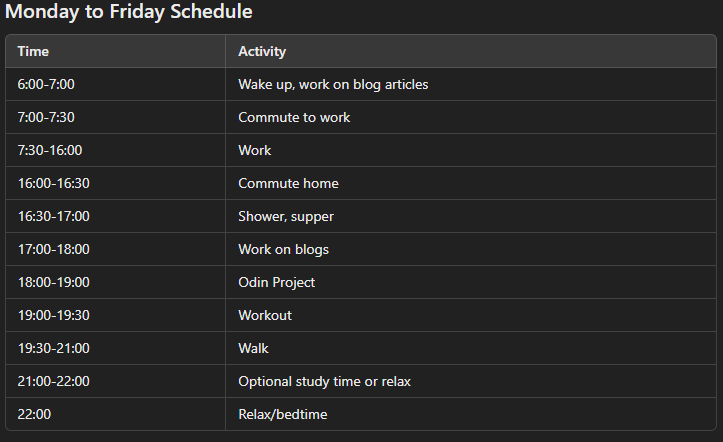 Monday - Friday Schedule