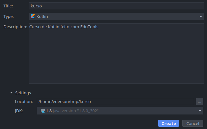 Menu Edutools para criação de um novo curso