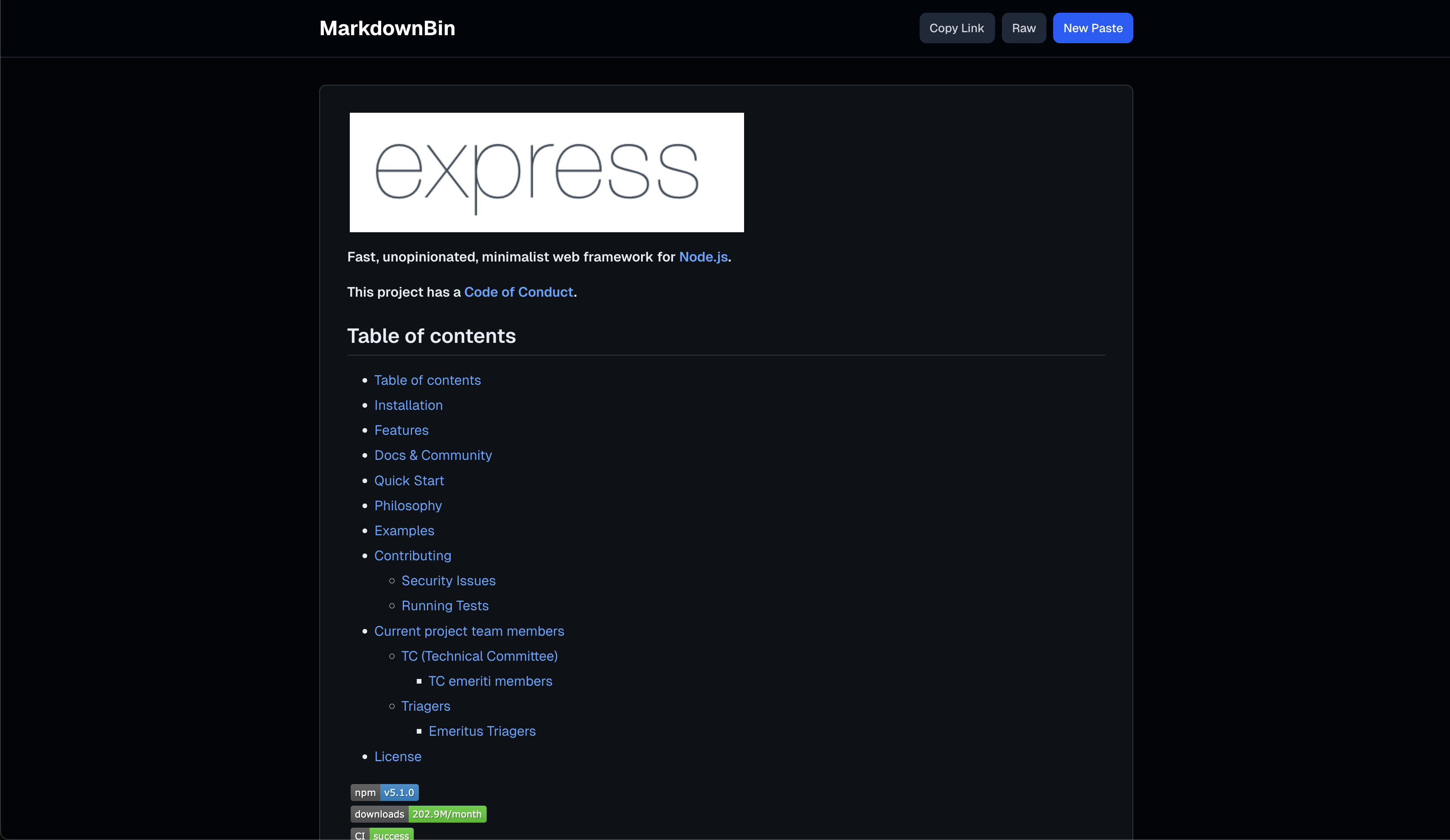 Express.js README rendered in MdBin