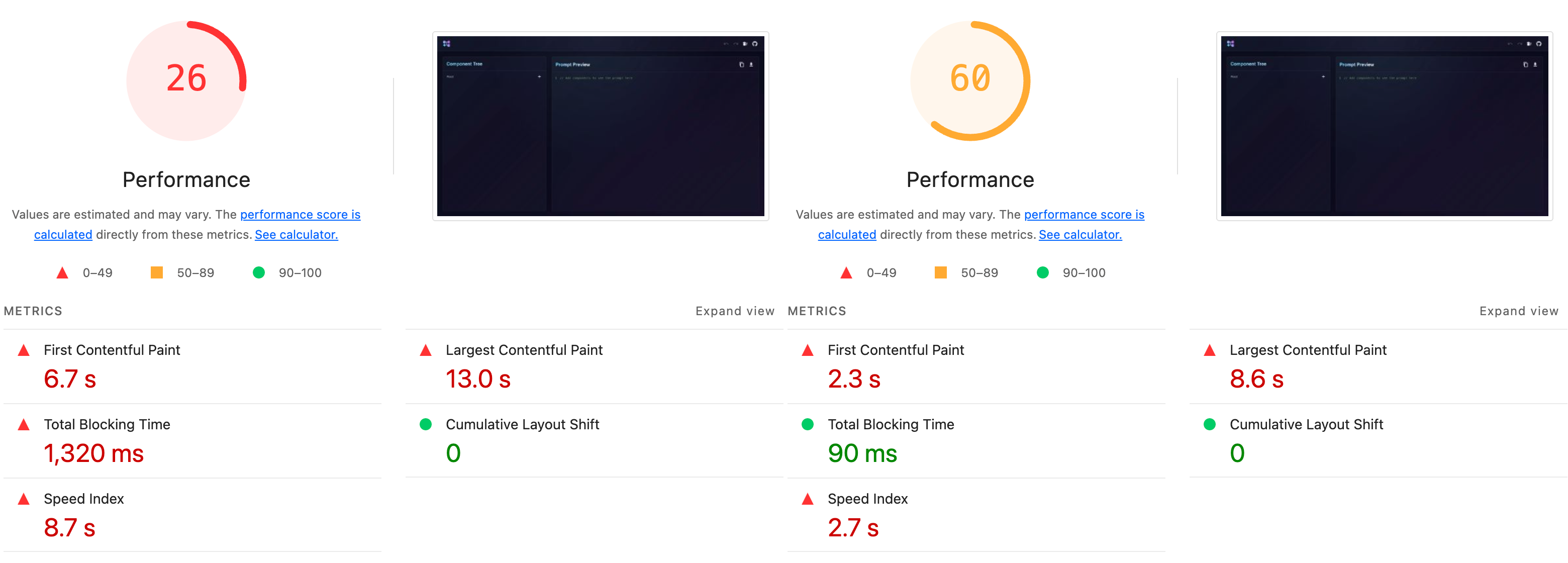 Lighthouse Performance score before and after refactor: 26 (red) vs 60 (orange), with TBT dropping from 1,320ms to 90ms