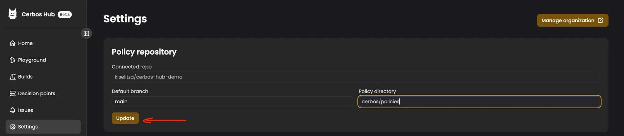 Update settings policy path