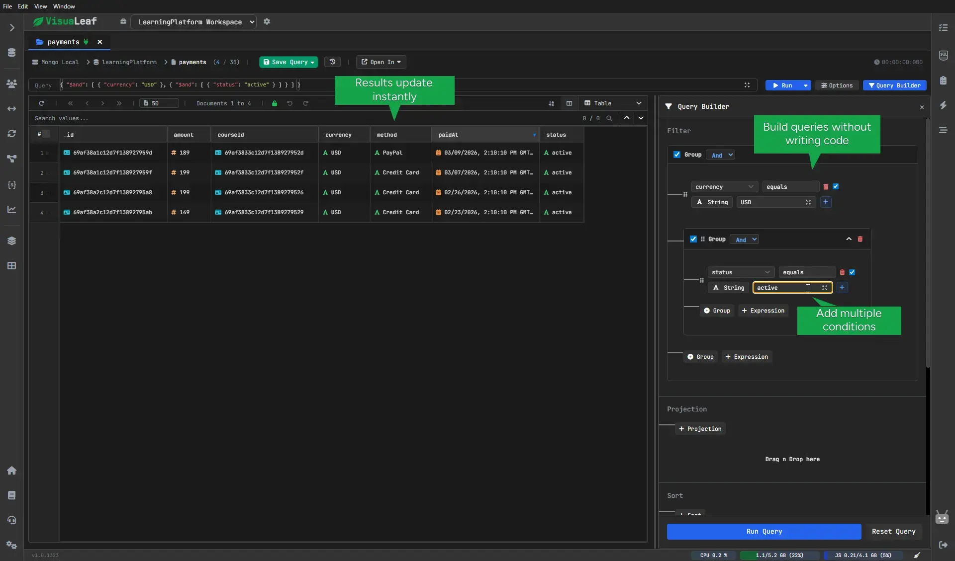 VisuaLeaf visual query builder for MongoDB with filters, conditions, and live query preview