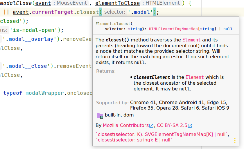 Screenshot showing documentation for event.currentTarget.closest
