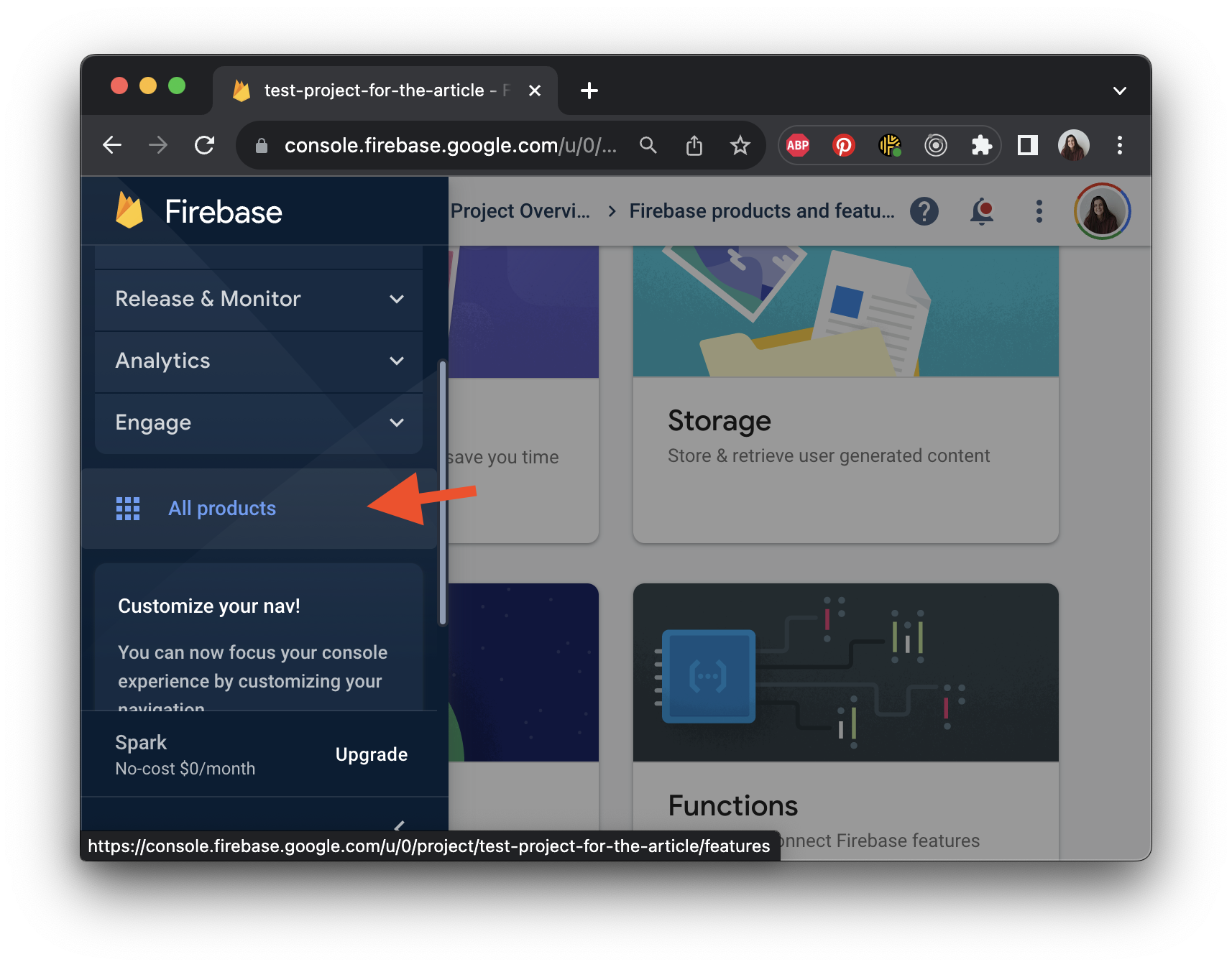 all products on left menu on firebase website