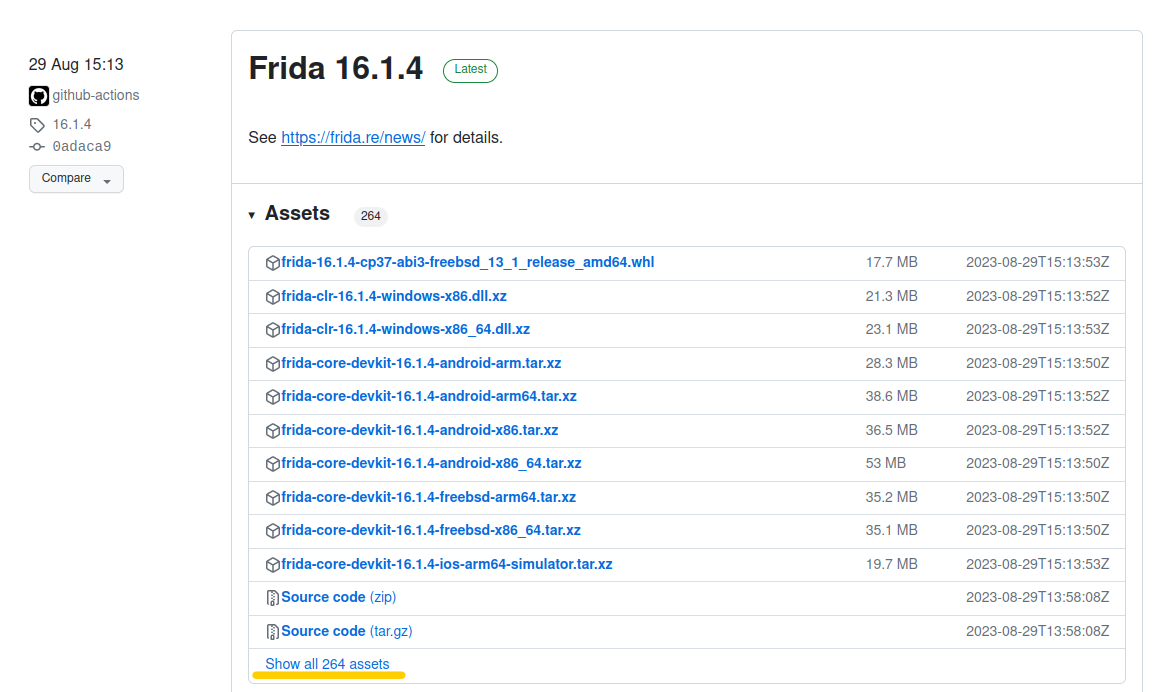 A screenshot of the Frida Releases page on GitHub.