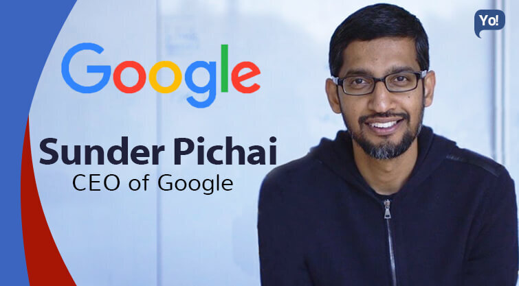 Sundar Pichai in front of the Google logo