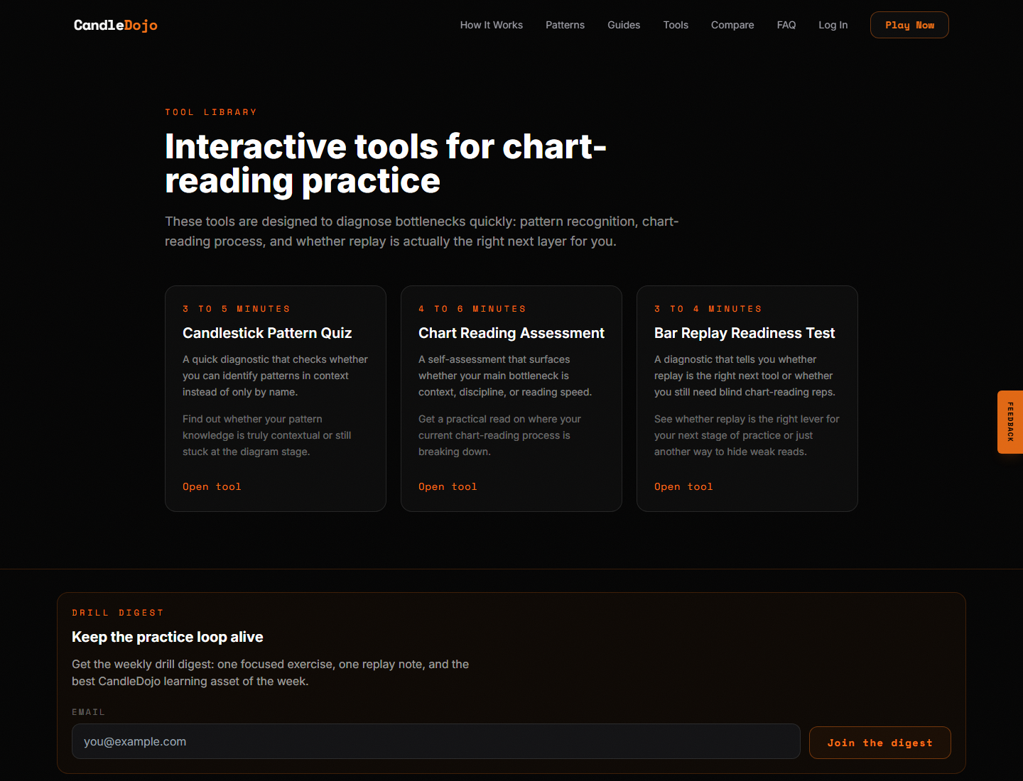 CandleDojo tools hub with chart-reading assessments and practice diagnostics
