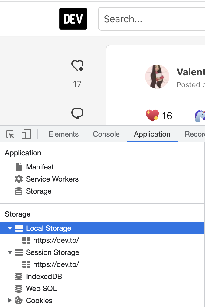 screen shot of dev tools showing local and session storage