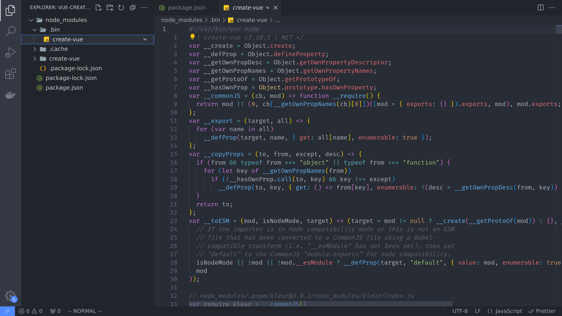 screenshot displays the symbolic link for 'create-vue' inside the '.bin' directory