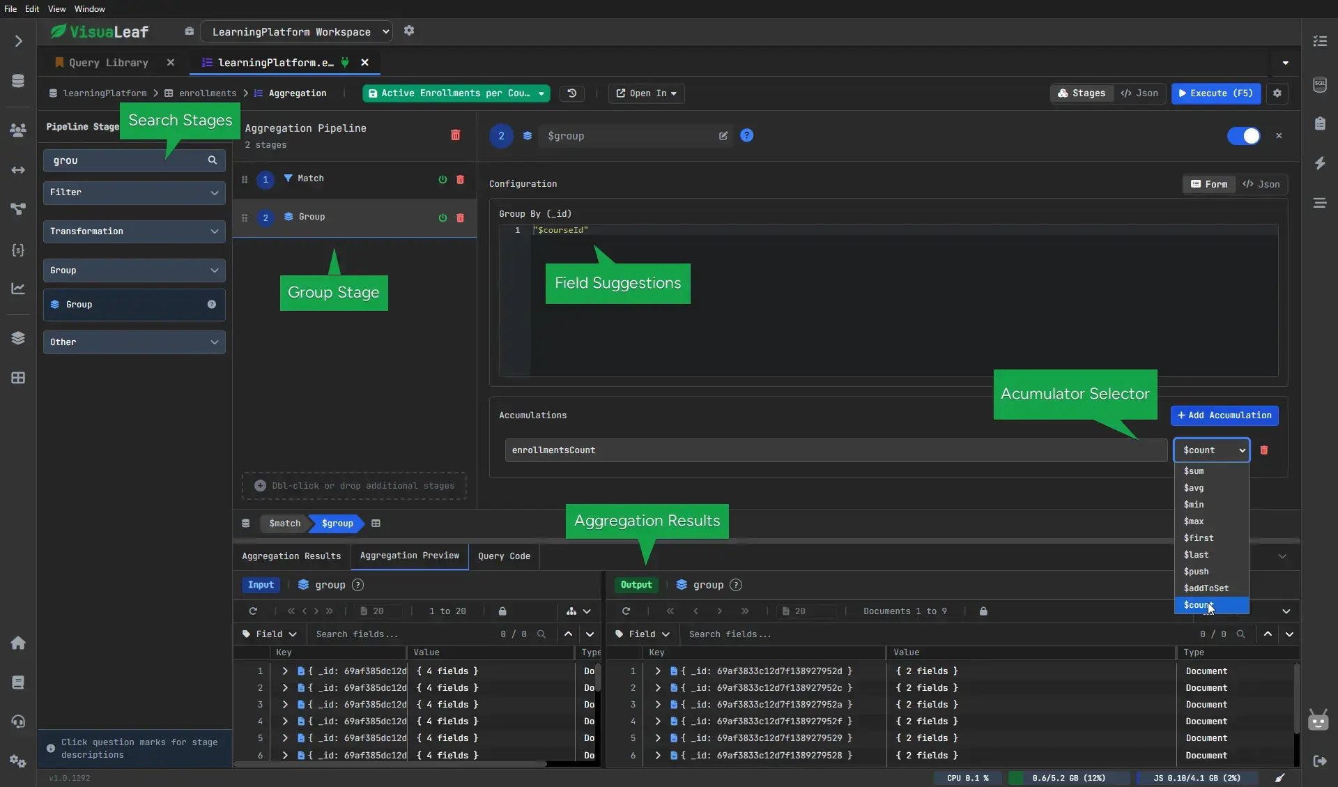 VisuaLeaf aggregation pipeline builder showing stages, filters, and real-time results preview