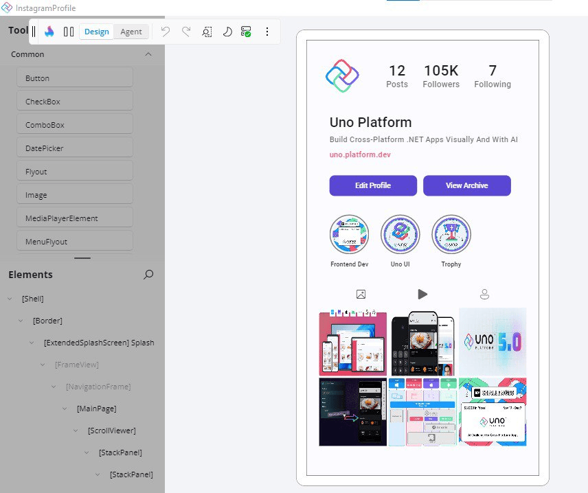 採用 Uno Platform Hot Design 設計的 Instagram 風格個人資料介面