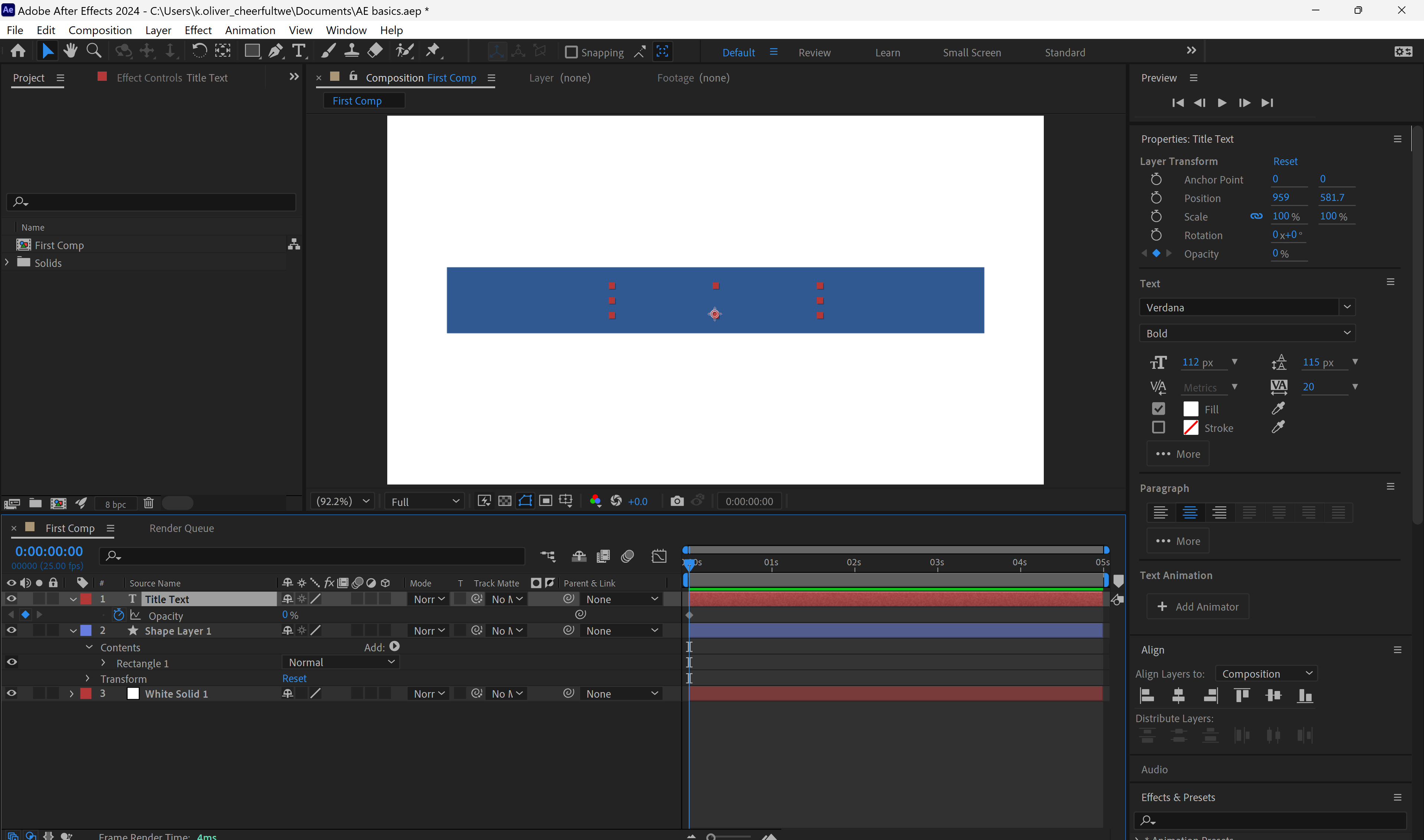 Screenshot of after effects. In the project panel, the opacity stopwatch has turned into a blue diamond. In the timeline panel, the opacity parameter is visible under the text layer, and has a blue diamond at 0 seconds.