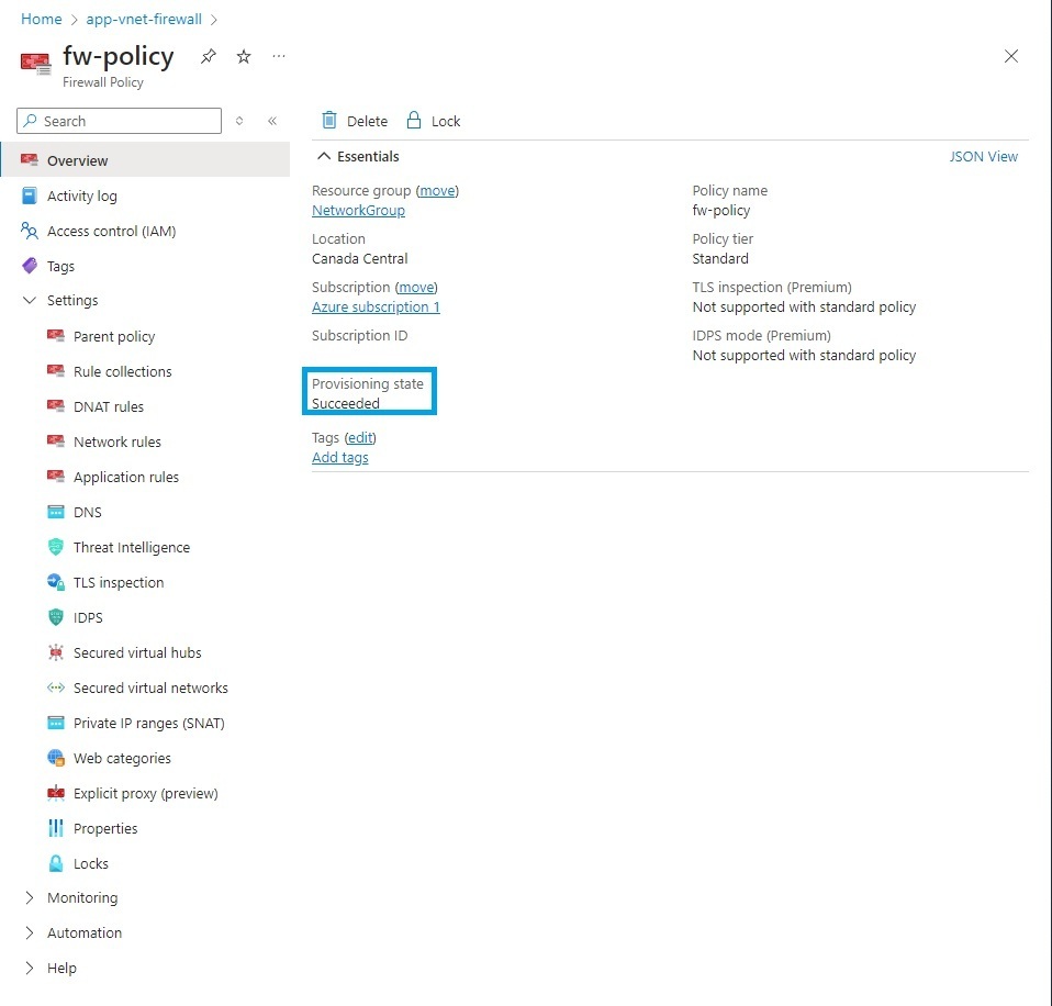 Firewall policy sucessfully provisioned