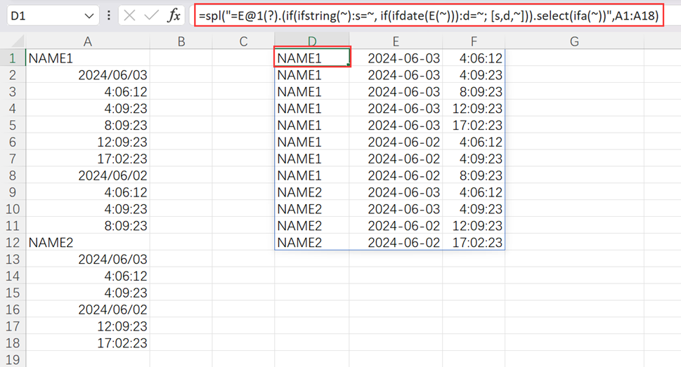 result table with code entered