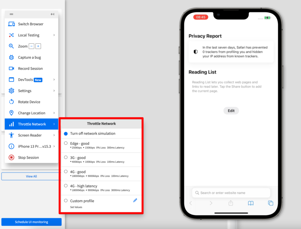 Throttling options on Browserstack