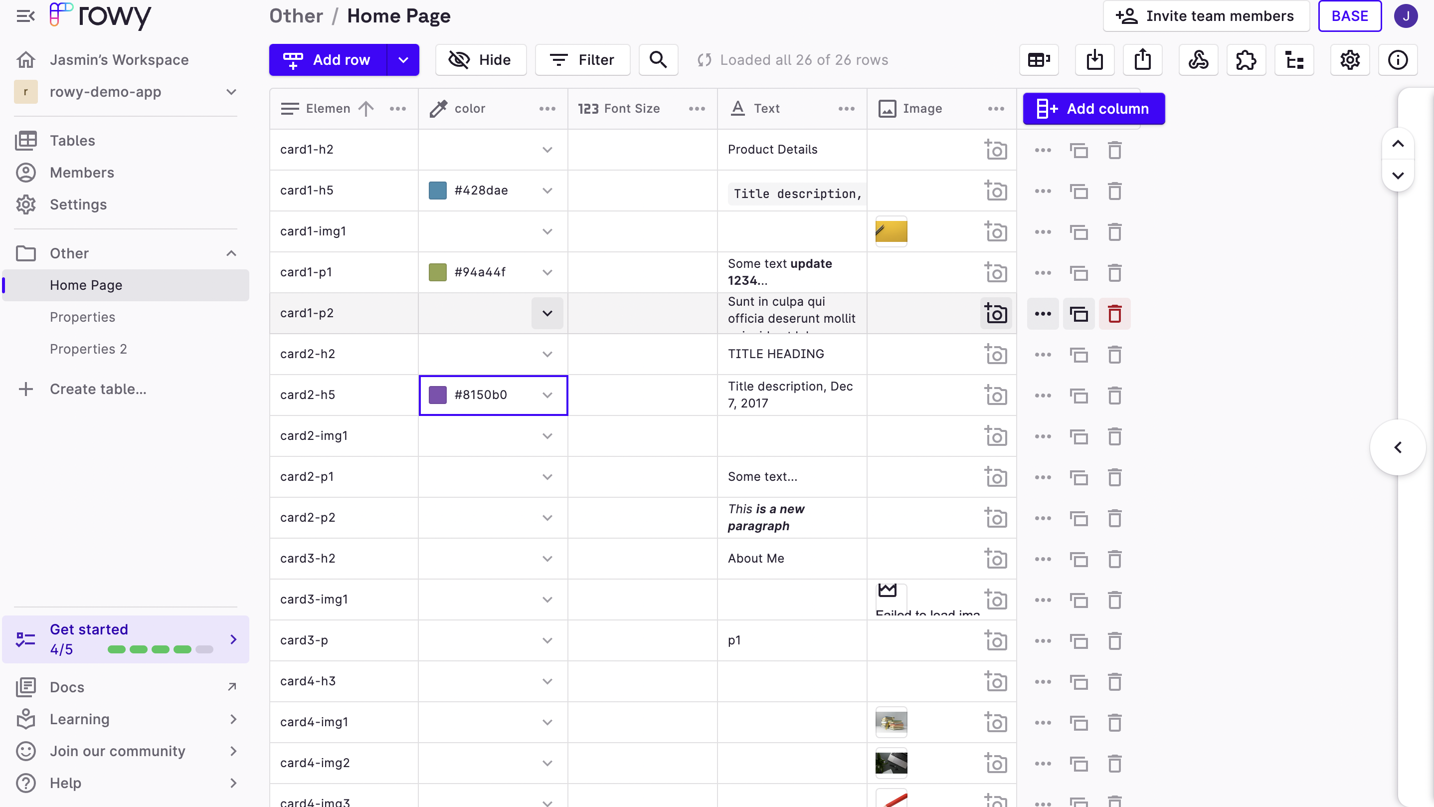Screenshot of the Rowy Table containing website details
