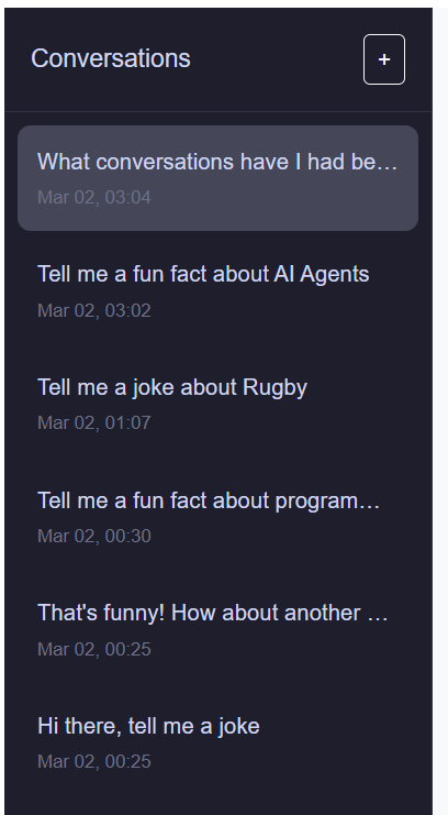 <strong>Screenshot:</strong> The sidebar showing multiple past conversations. Clicking one loads its full message history in the main chat area.