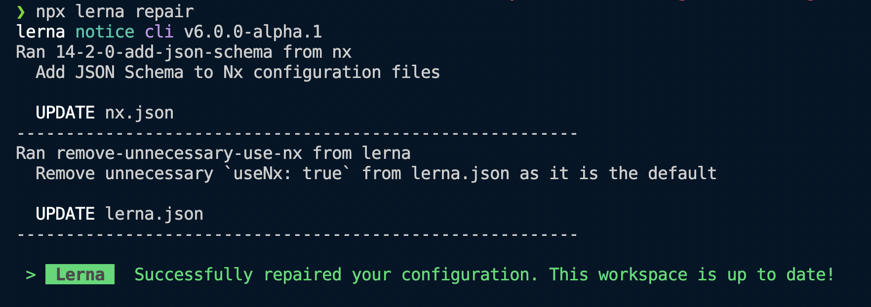 Screenshot of lerna repair console log output