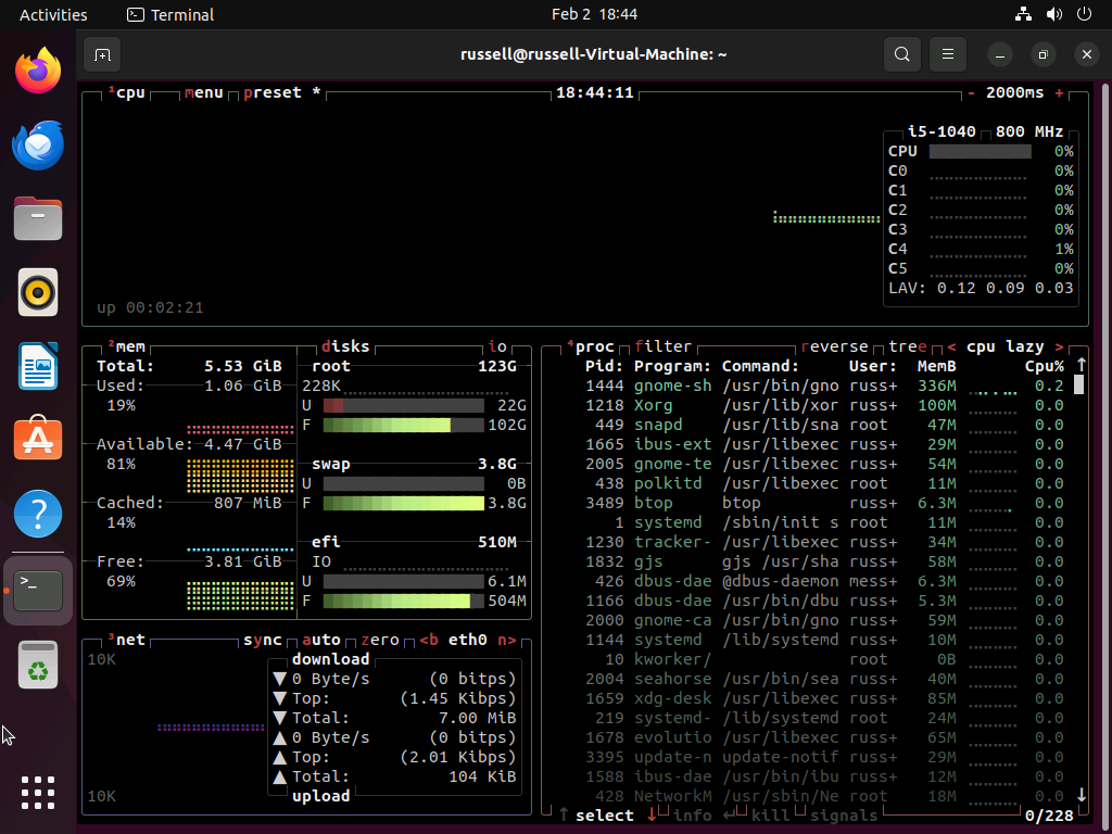 Screenshot of btop running in a Ubuntu VM