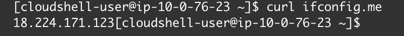 The result of executing curl ifconfig.me is 18.224.171.123, which means Public IP Address