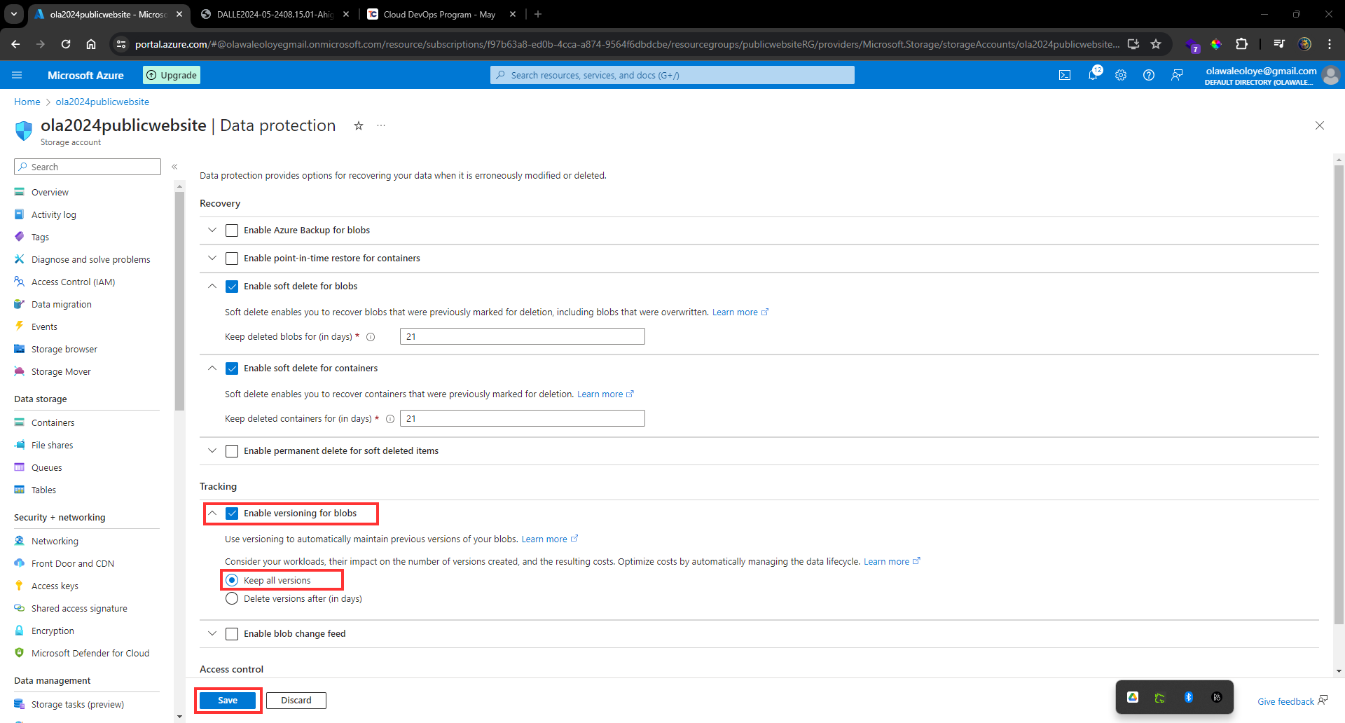 Enable versioning for blobs