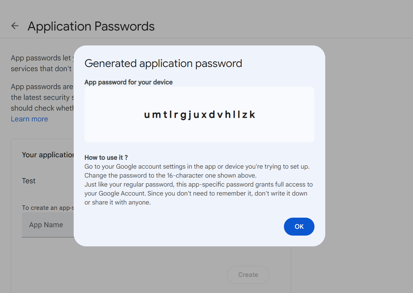 Supplied password for the Test application