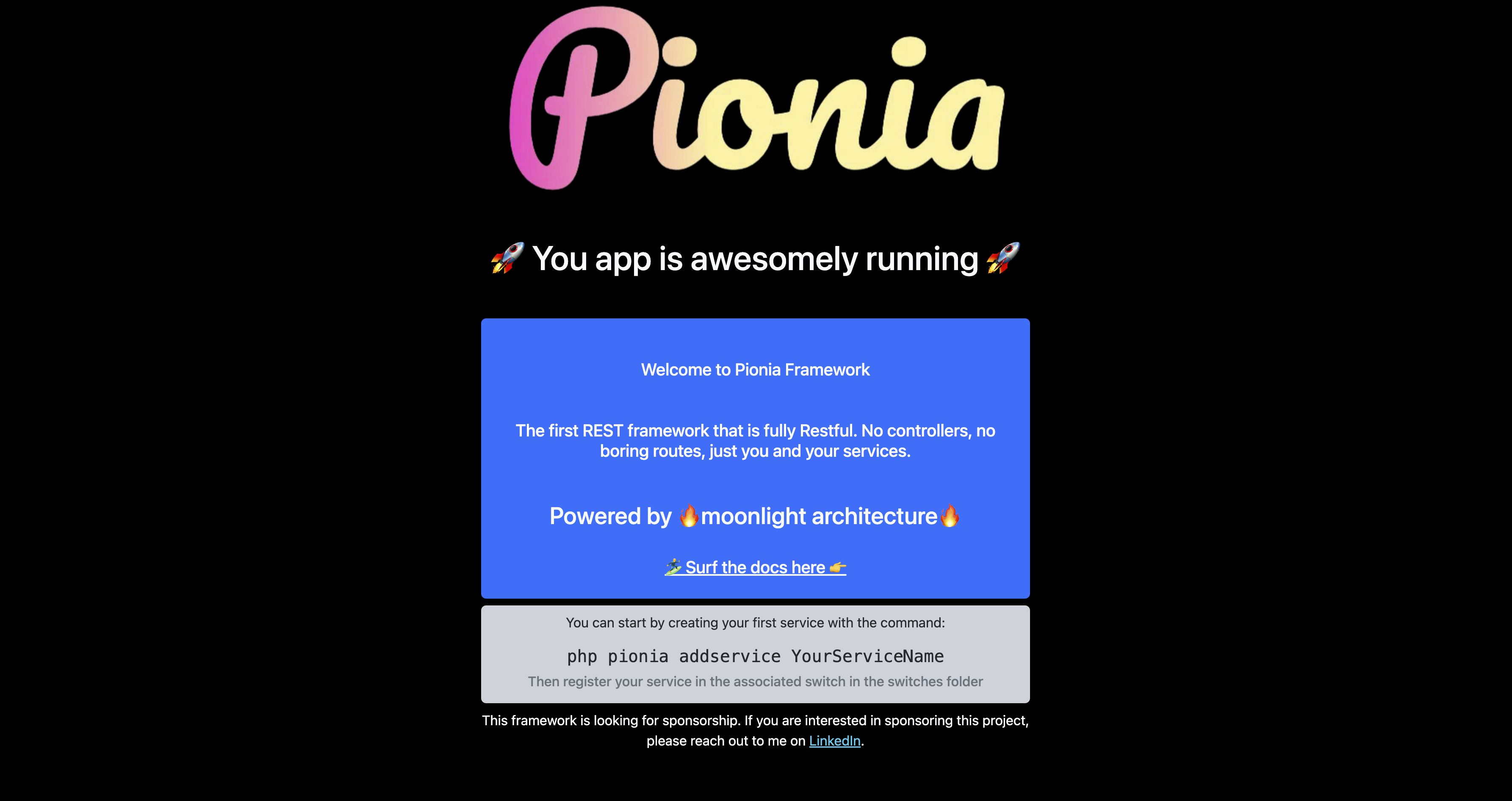 New Pionia API landing page