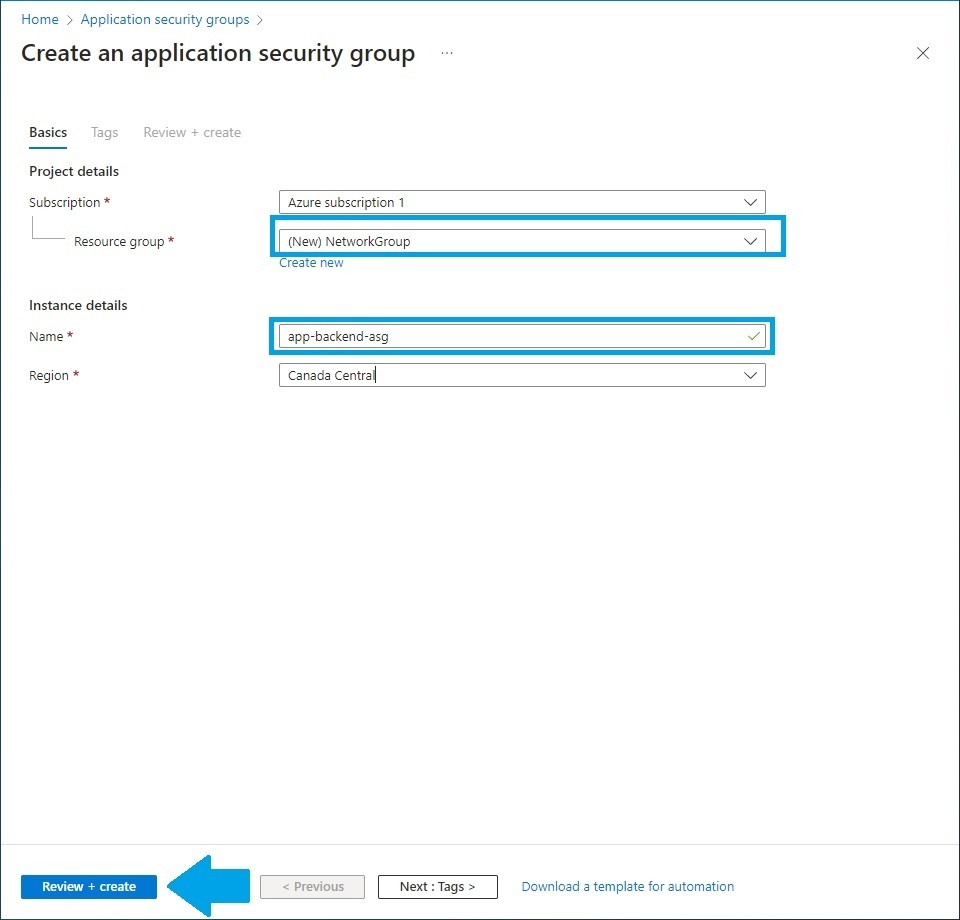 Configuring the Application Security Group