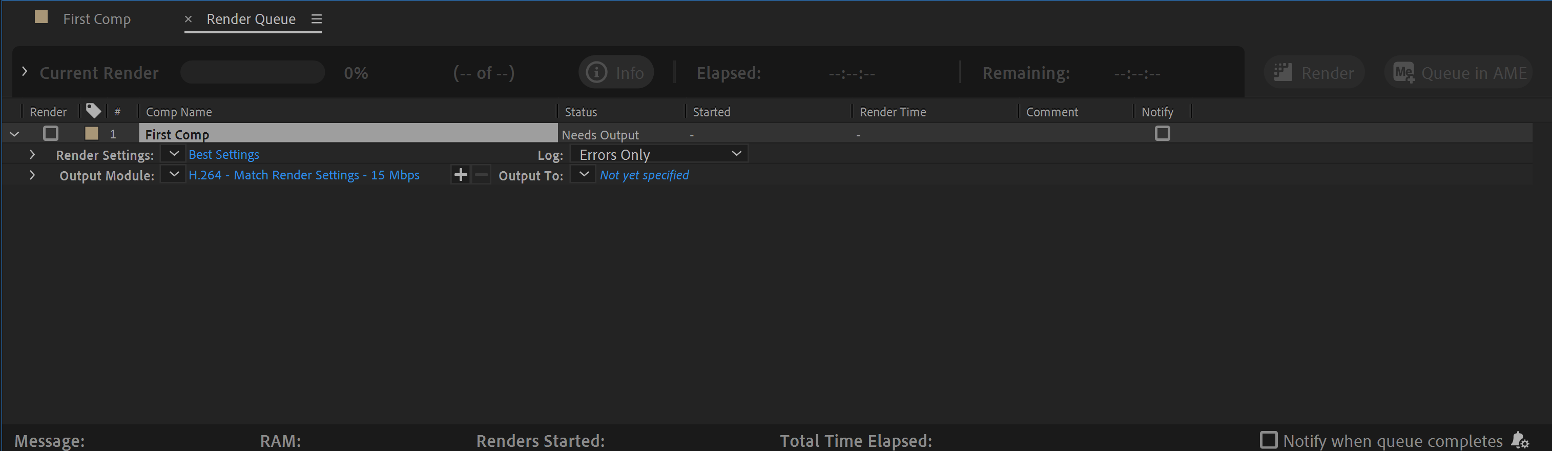 Screenshot of the render queue panel.