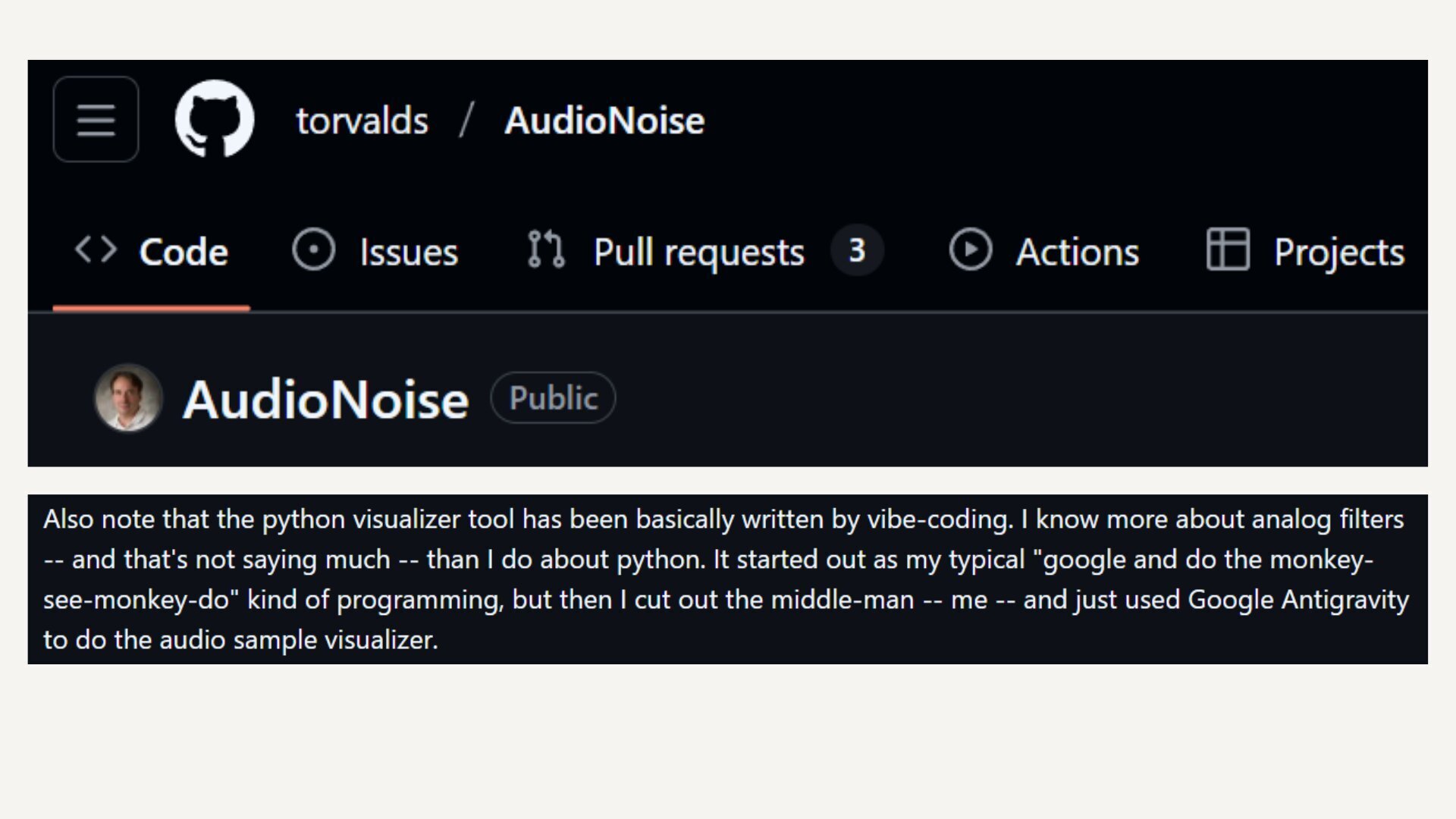 Mensagem de commit de Linus afirmando que gerou o codigo usando IA