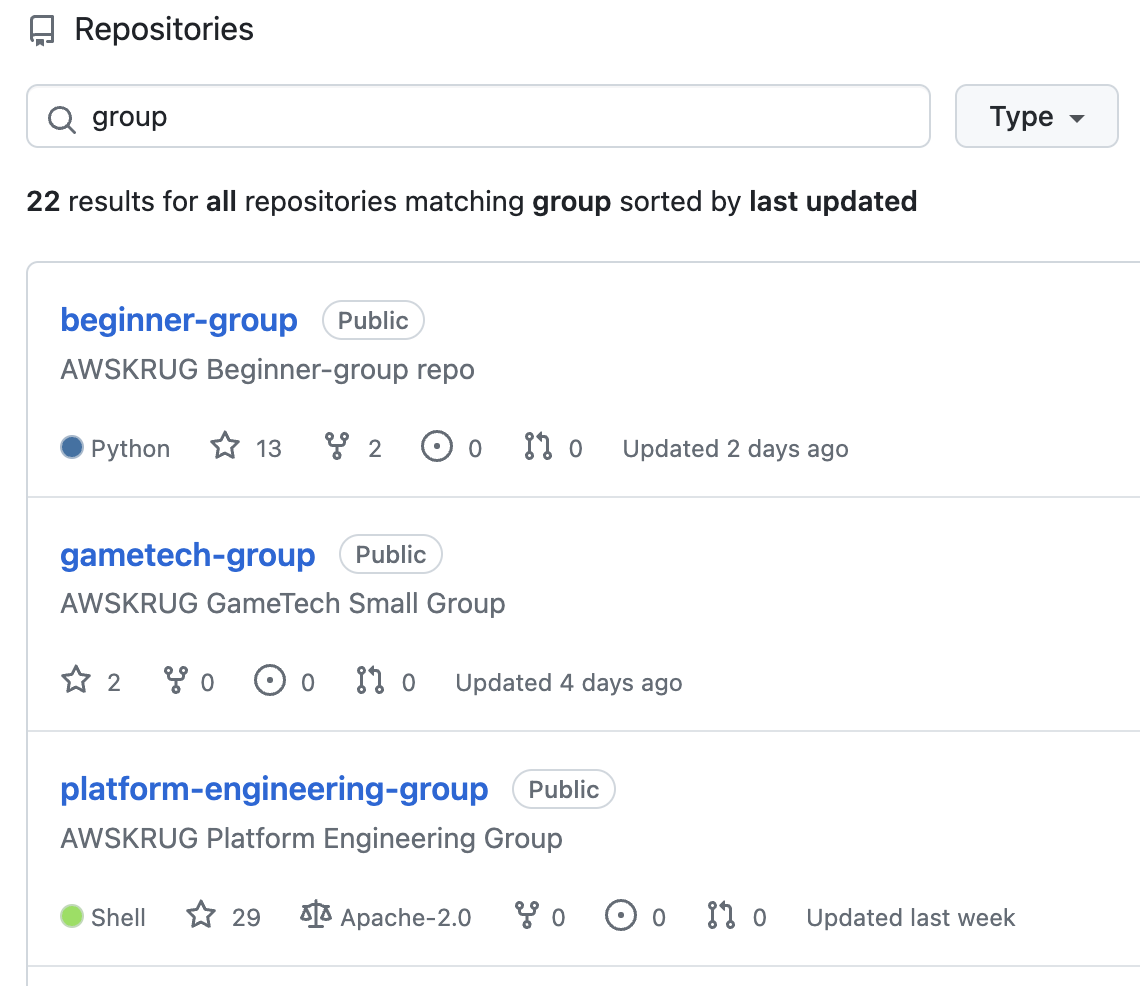 AWSKRUG's Github organization. there are some repositories