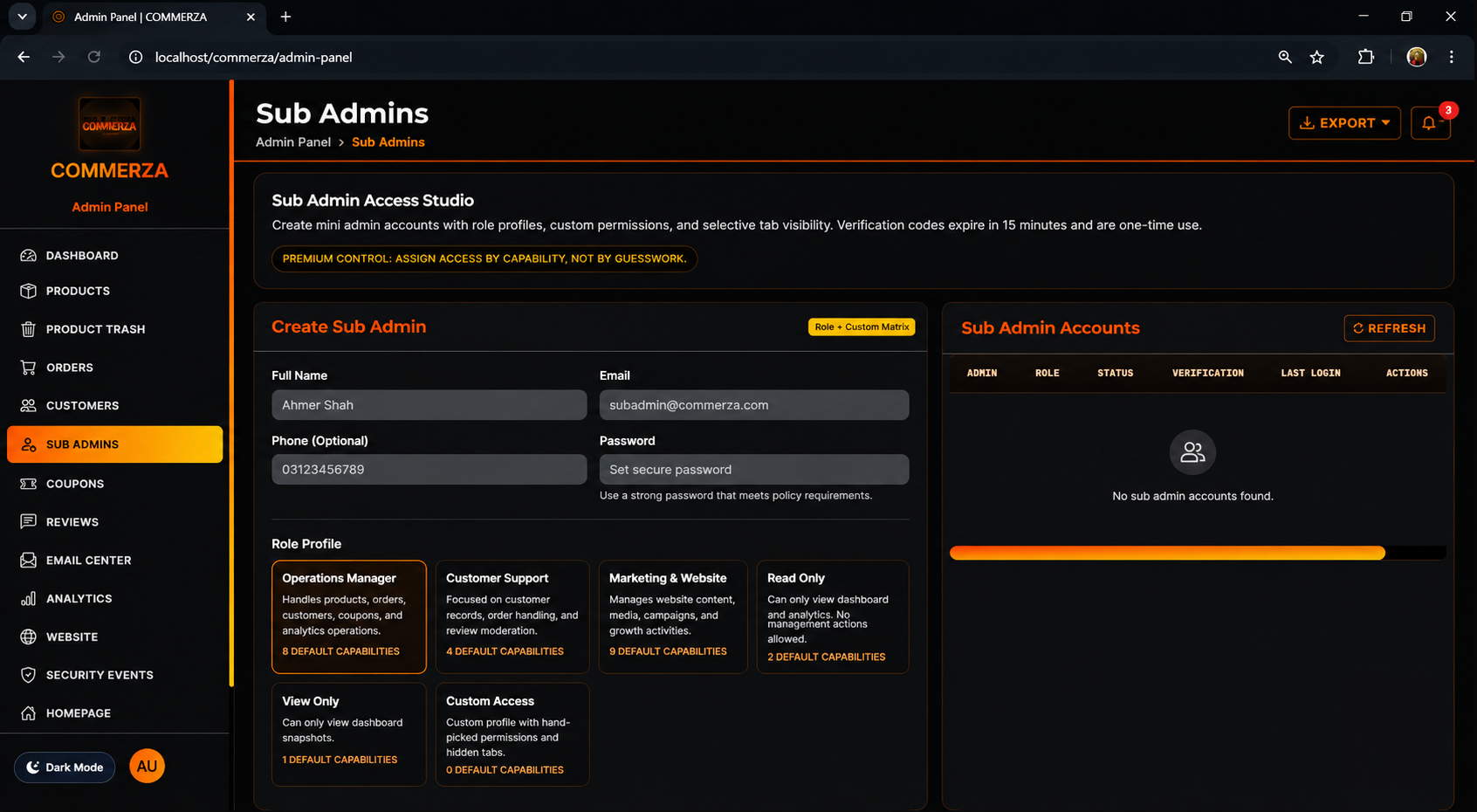 Commerza administrative management dashboard showing the custom sub-admin account creation wizard with modular role profiling options like Operations Manager and Customer Support.