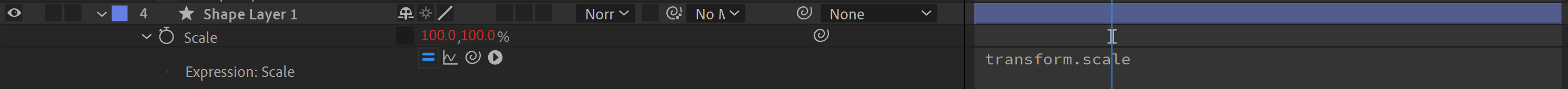 Screenshot of what the scale parameter looks like when alt/option clicking on the stopwatch to open up the expressions box.
